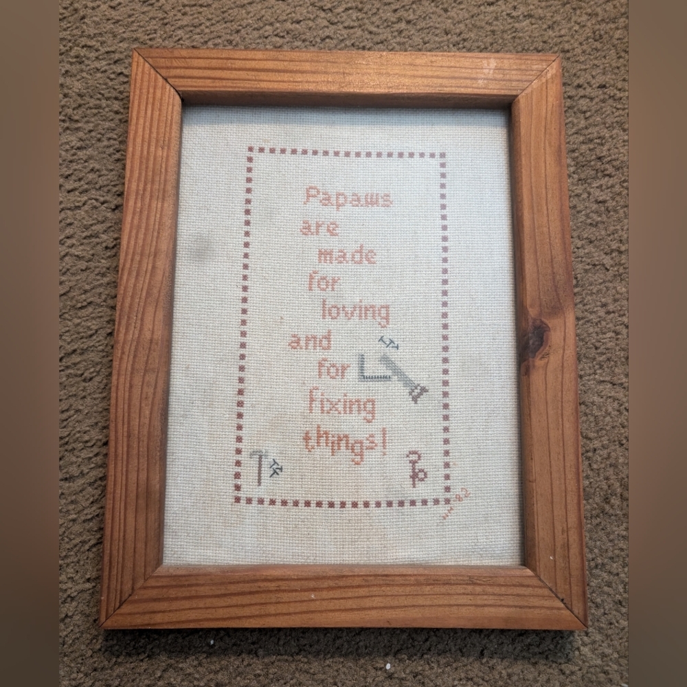 Handcrafted Framed Cross-Stitch Sampler in Natural Wood Frame